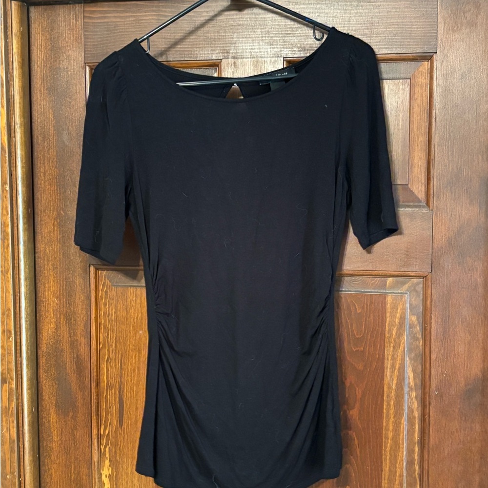 XS White House Black Market Classic Black Ruched Back Keyhole Shirt